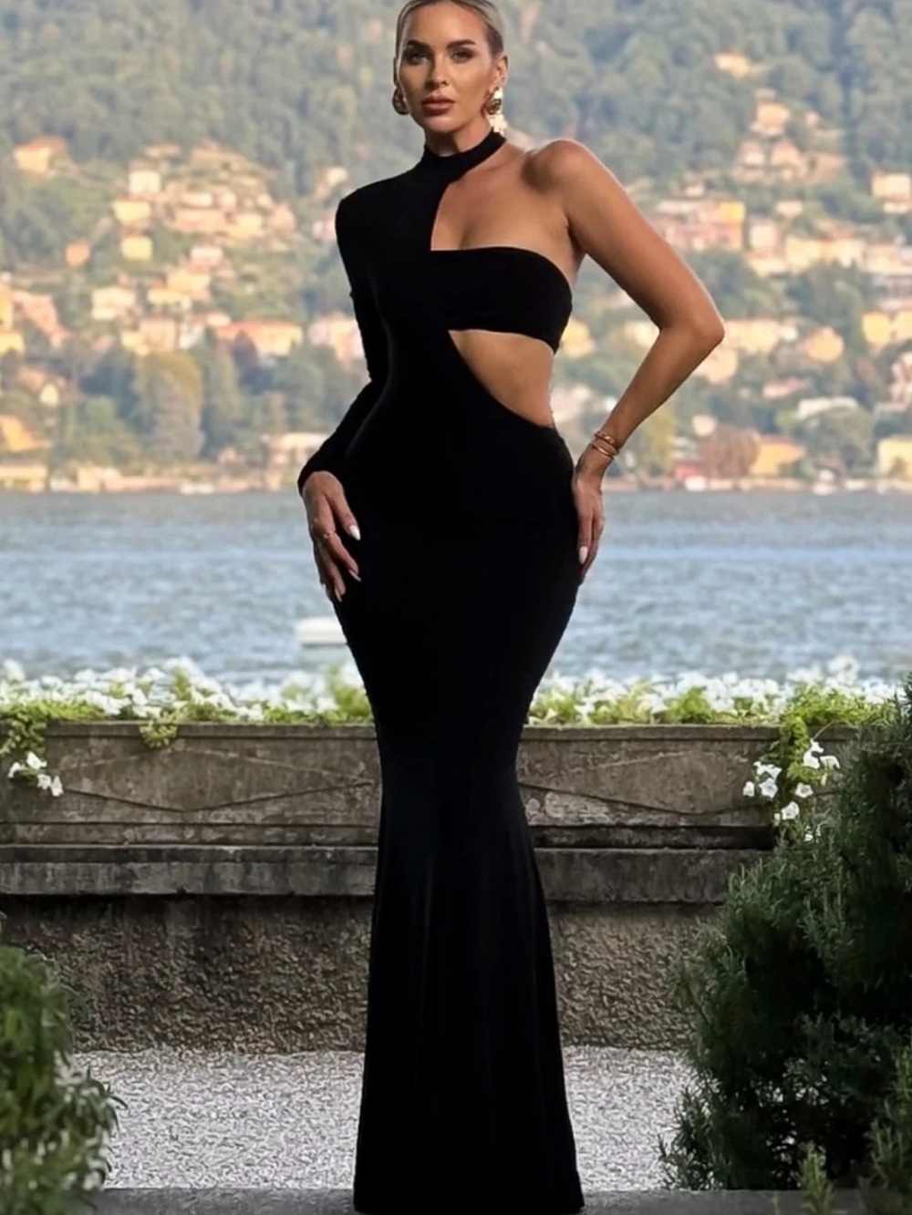 NWT Club London Socialite Black One Shoulder Cut Out Maxi Dress Size 12 Formal